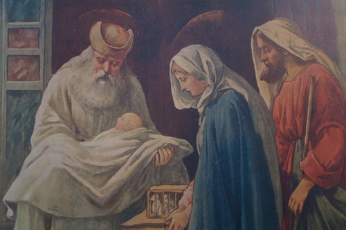 Maalaus, jossa Simeon pitää käsissään Jeesus-lasta Marian ja Joosefin katsellessa vierestä.