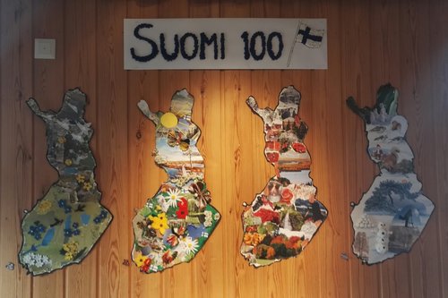 Suomen valtion 100-vuotisjuhlan kunniaksi tehtyjä, Suomen muotoisia kuvakollaaseja.